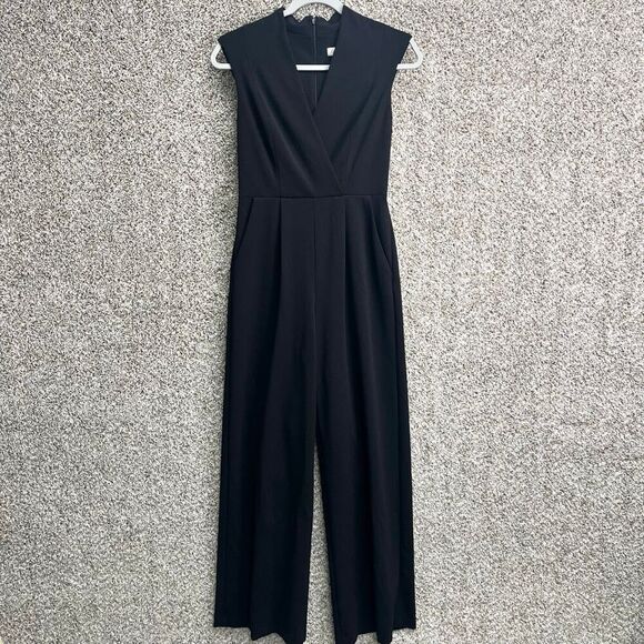 Calvin Klein Jumpsuit Women’s 2 Black Faux Wrap V-Neck Sleeveless - Picture 1 of 9